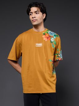 PRONK - Men Mustard Premium Printed Oversized T-Shirt