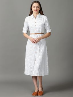 SHOWOFF - Womens Printed Shirt Collar White Midi Dress (Set of 2)