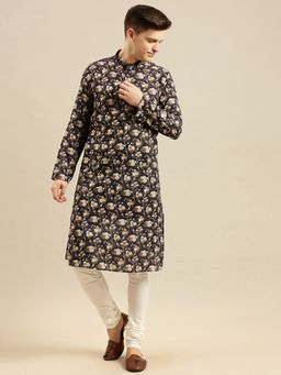 Sanwara - Mens Cotton Floral Printed Black Color Kurta with Churidar (Set of 2)