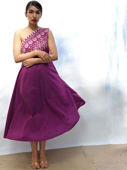 Chidiyaa - Skd Purple Handprinted One Shoulder Pure Cotton Dress
