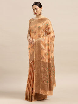Sareemall - Womens Silk Blend Orange Woven Design Saree with Unstitched Blouse