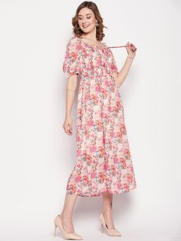Madame - Pink Printed Square Neck Midi Dress