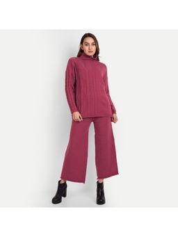 IKI CHIC - Dark Pink Cable Knit Turtle Neck Sweater with Wide Leg Pants (Set of 2)