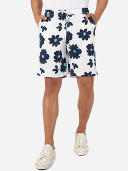 JadeBlue - Mens 100% Cotton Floral Print Slim Fit Shorts White & Navy Blue