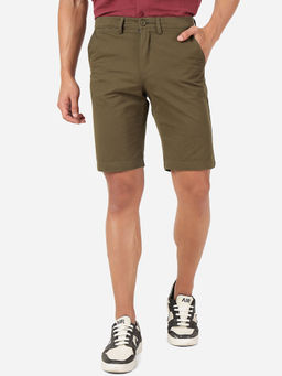 JadeBlue - Mens 100% Cotton Solid Slim Fit Shorts Olive Green
