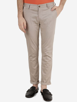 Greenfibre - Mens 100% Cotton Solid Light Grey Super Slim Fit Casual Trousers Beige