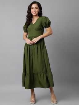 Deebaco - Women Olive Polyester V-Neck Dress