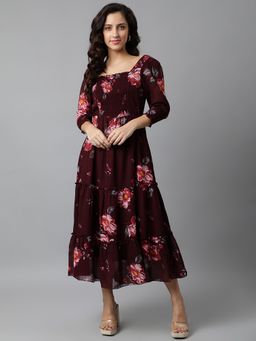 Deebaco - Women Maroon Georgette Square Neck Dress