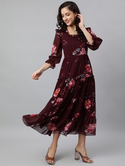 Deebaco - Women Maroon Georgette Square Neck Dress