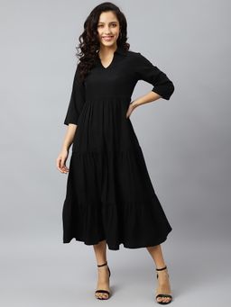 Deebaco - Women Black Cotton Collar Neck Dress