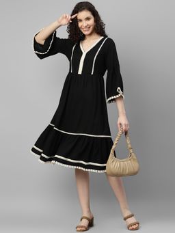 Deebaco - Women Black Rayon V-Neck Dress
