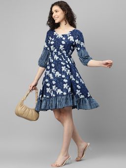 Deebaco - Women Navy Blue Cotton Square Neck Dress