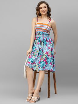 Deebaco - Women Turquoise Rayon Square Neck Dress