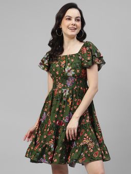 Deebaco - Women Green Rayon Square Neck Dress