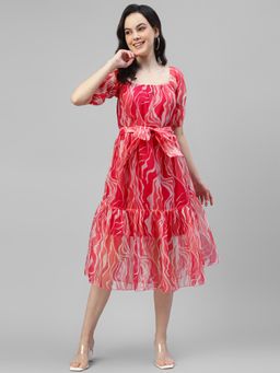 Deebaco - Women Red Organza Square Neck Dress
