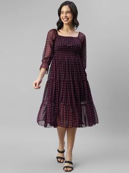 Deebaco - Women Wine Net Square Neck Dress