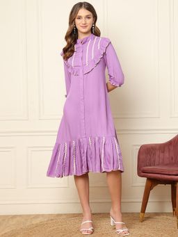 Deebaco - Women Lavender Rayon Mandarin Neck Dress