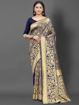 Akhilam - Womens Silk Blend Navy Blue Woven Design Celebrity Saree with Unstitched Blouse