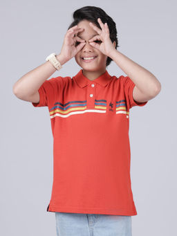 Cantabil - Boys Printed Orange Half Sleeves Collar Neck Casual Polo T-Shirt