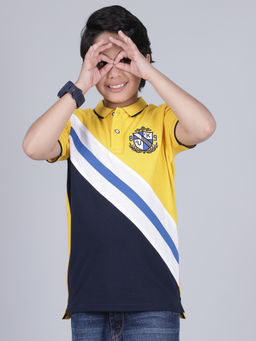 Cantabil - Boys Color Block Yellow Half Sleeves Collar Neck Casual Polo T-Shirt