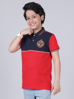 Cantabil - Boys Color Block Red Half Sleeves Collar Neck Casual Polo T-Shirt