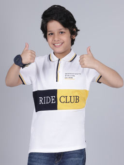 Cantabil - Boys Color Block White Half Sleeves Collar Neck Casual Polo T-Shirt