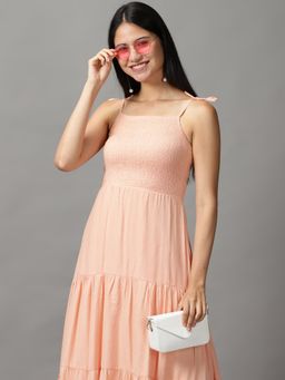 SHOWOFF - Womens Shoulder Straps Midi Peach Solid Dress