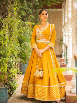 Ajiesh Oberoi - Anjum Mustard Anarkali Kurta and Churidar with Dupatta (Set of 3)