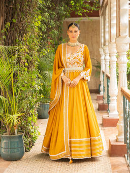 Ajiesh Oberoi - Hasrat Mustard Anarkali Kurta- Churidar with Dupatta (Set of 3)