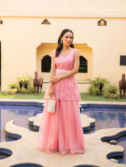 Ajiesh Oberoi - Ishika Pink Gota Embroidered Bustier- Sharara and Jacket (Set of 3)