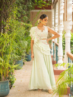 Ajiesh Oberoi - Jhalak Sea Green Blouse-Sharara and Drape (Set of 3)