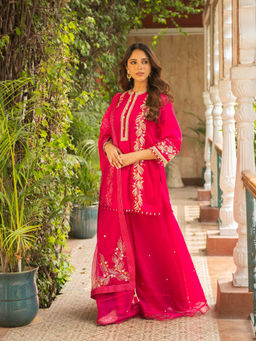 Ajiesh Oberoi - Kriti Rani Pink Straight Short Kurta and Sharara with Dupatta (Set of 3)