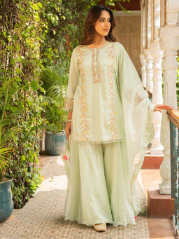 Ajiesh Oberoi - Kriti Sea Green Straight Short Kurta and Sharara with Dupatta (Set of 3)