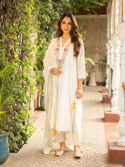 Ajiesh Oberoi - Mehek Ivory Kurta and Palazzo with Dupatta (Set of 3)