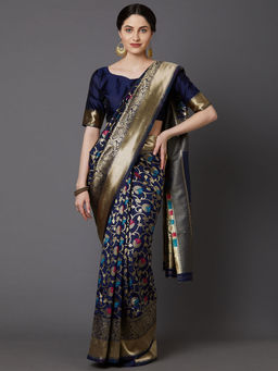 Akhilam - Navy Blue Festive Silk Blend Banarasi Saree with Unstitched Blouse