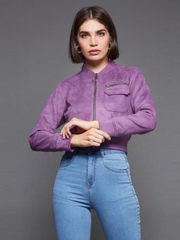 Miss Chase - Womens Dark Lavender Full-Sleeve Solid Crop Polyester Jacket