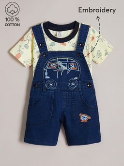 Hopscotch - Animal Embroidered Cotton Dungaree with T-shirt