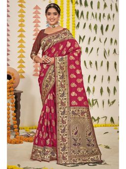 Sangam Prints - Magenta Silk Woven Zari Work Traditional Tassel Saree with Unstitched Blouse