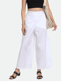 DL WOMAN - White Women Cotton Mid Rise Plain Regular Fit Parallel Trousers