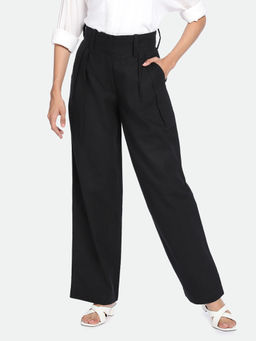 DL WOMAN - Black Women Mid Rise Plain Pleated Regular Trousers