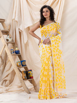 Angoshobha - Traditional White & Yellow Soft Dhakai Leaf Jamdani Saree with Unstitched Blouse