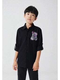 CAVIO - Boys Black Regular Fit Screen Printed Full Sleeves Solid Casual Shirt