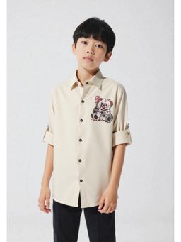 CAVIO - Boys Cream Regular Fit Screen Printed Full Sleeves Solid Casual Shirt