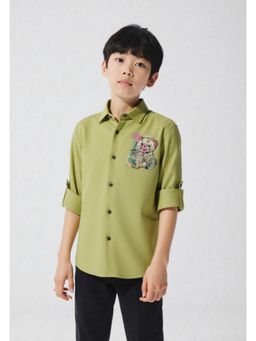 CAVIO - Boys Green Regular Fit Screen Printed Full Sleeves Solid Casual Shirt