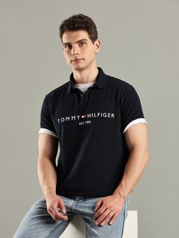 Tommy Hilfiger - Navy Blue Embroidered Logo Regular Fit Cotton Polo T-Shirt
