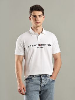Tommy Hilfiger - White Embroidered Logo Regular Fit Cotton Polo T-Shirt