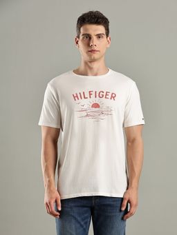 Tommy Hilfiger - Off White Logo Regular Fit Cotton T-Shirt
