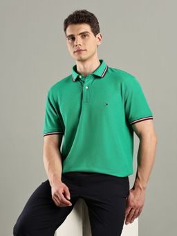 Tommy Hilfiger - Green Solid Regular Fit Cotton Polo T-Shirt
