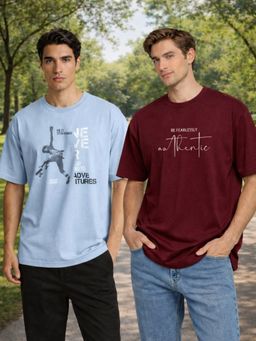 Nobero - Multi-Color Men Oversized Fit Graphic Printed T-Shirt (Pack of 2)