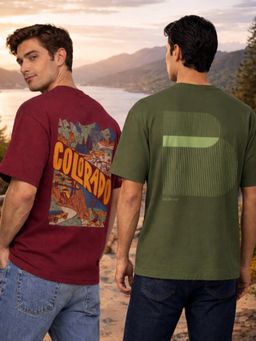 Nobero - Multi-Color Men Oversized Fit Crew Neck Graphic T-Shirt (Pack of 2)